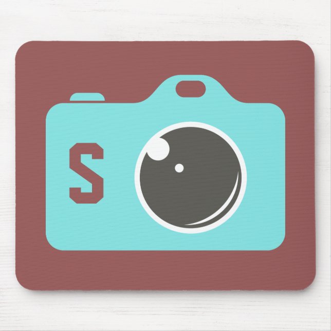 Pop Art Blue Camera Burgundy Monogram Mouse Pad (Front)