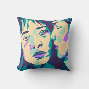 Pop Art Blue Green and Cyan Two Women Throw Pillow