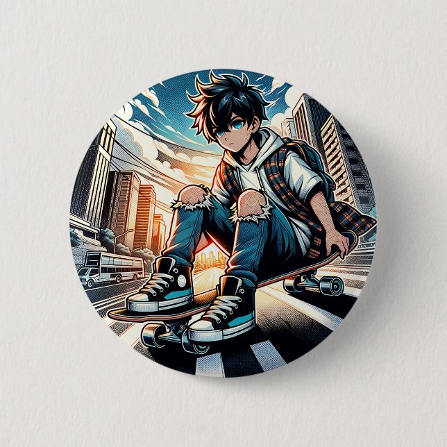 Pop Art Boy on Skateboard in City  2 Inch Round Button (Front)