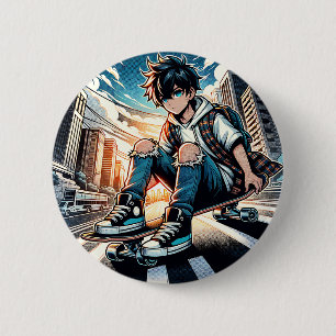 Pop Art Boy on Skateboard in City  2 Inch Round Button