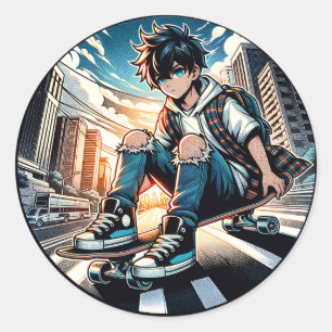 Pop Art Boy on Skateboard in City Classic Round Sticker