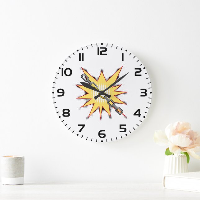 Pop Art Broken Chain Explosion Bold Comic Style  Large Clock (Creator Uploaded)