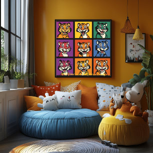 Pop Art Cartoon Tiger Grid Fun Wall Art