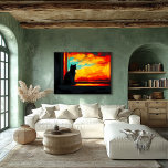 Pop Art Cat at Sunset - Window view Poster<br><div class="desc">This elegant pop art scene captures a serene moment as a cat gazes at a vibrant sunset through a window, evoking a sense of calm and wonder. Perfect for cat lovers, this artwork features bold colours and a stunning contrast between the silhouette and the sunset. Customize the window frame with...</div>