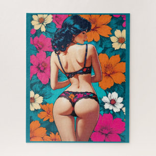 Pop Art Cheeky Girl in Floral Lingerie Teal Jigsaw Puzzle