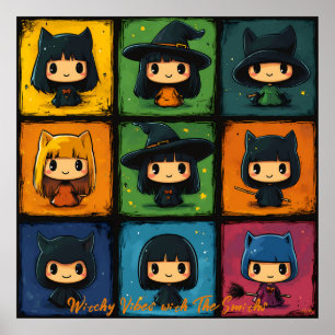 Pop Art Chibi Witches Grid Cute Halloween Wall Art