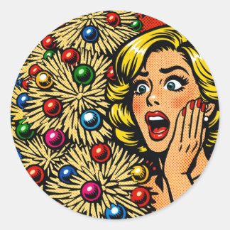 Pop Art Christmas, shocked expression, funky tree Classic Round Sticker