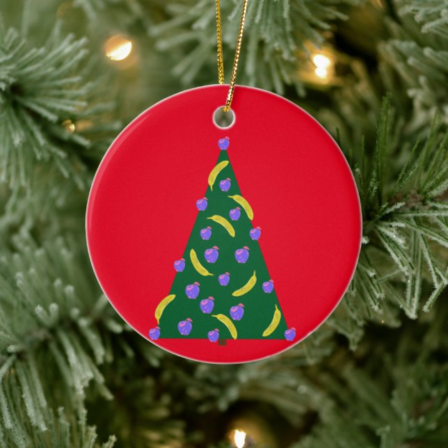 Pop Art Christmas Tree with Apples and Bananas Red Ceramic Ornament (Tree)