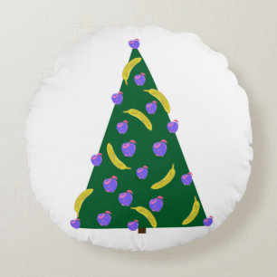 Pop Art Christmas Tree with Apples and Bananas Round Pillow