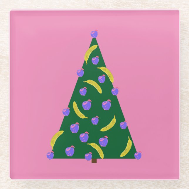 Pop Art Christmas Tree with Apples & Bananas Pink Glass Coaster (Front)