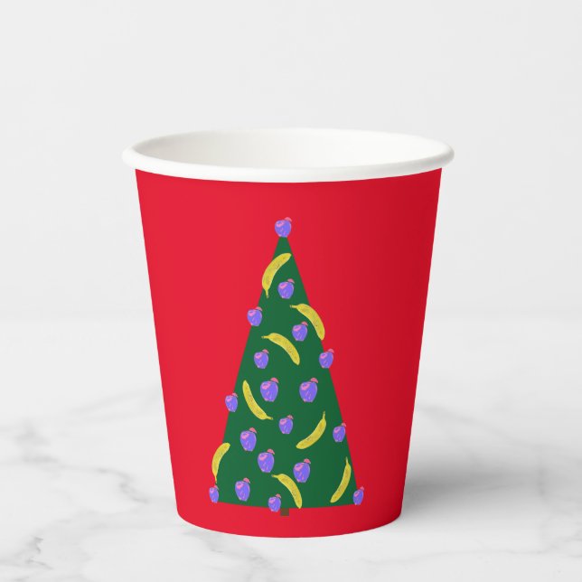 Pop Art Christmas Tree with Apples & Bananas Red Paper Cups (Front)