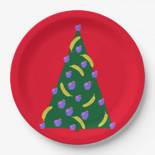Pop Art Christmas Tree with Apples & Bananas Red Paper Plate