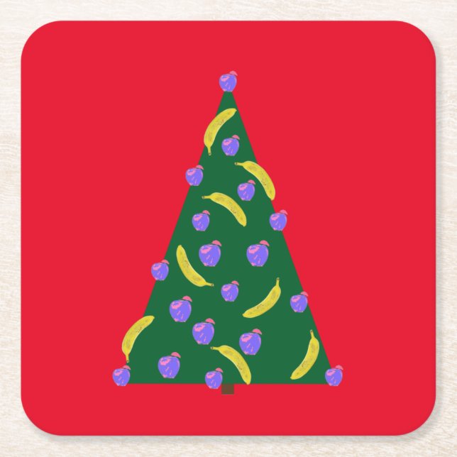 Pop Art Christmas Tree with Apples & Bananas Red Square Paper Coaster (Front)