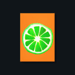 Pop art citrus lime fruit original watercolour canvas print<br><div class="desc">A cute and colourful vibrant green lime fruit slice from an original painting by artist Sacha Grossel. This large pop art style fruit is green and very bright and colourful against a customisable orange coloured background. Quirky and original.</div>