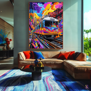 Pop Art City Train in Vibrant Motion Canvas Print