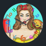 Pop Art Clock Girl Eating Hamburger Colourful<br><div class="desc">This is a cool clock retro and pop art combined with a cool girl with a burger in one hand and a drink in the other. The bright colours just add to the fun design of this clock!!! Great for kitchen of course but you might think of another place to...</div>