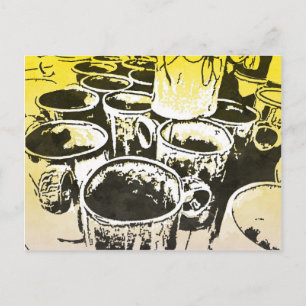 Pop Art Coffee Mugs Watercolor Print in Yellow Postcard
