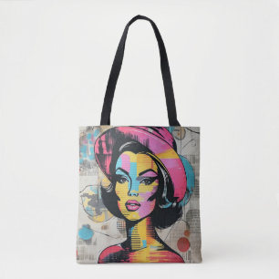 Pop Art Collage Stylized Woman Female Portrait Tote Bag