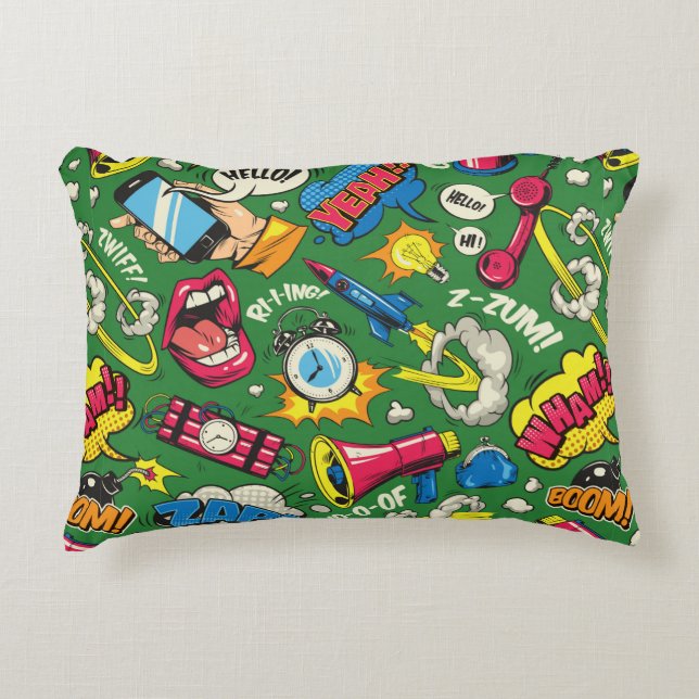 Pop art colourful seamless pattern with comic spee accent pillow (Front)