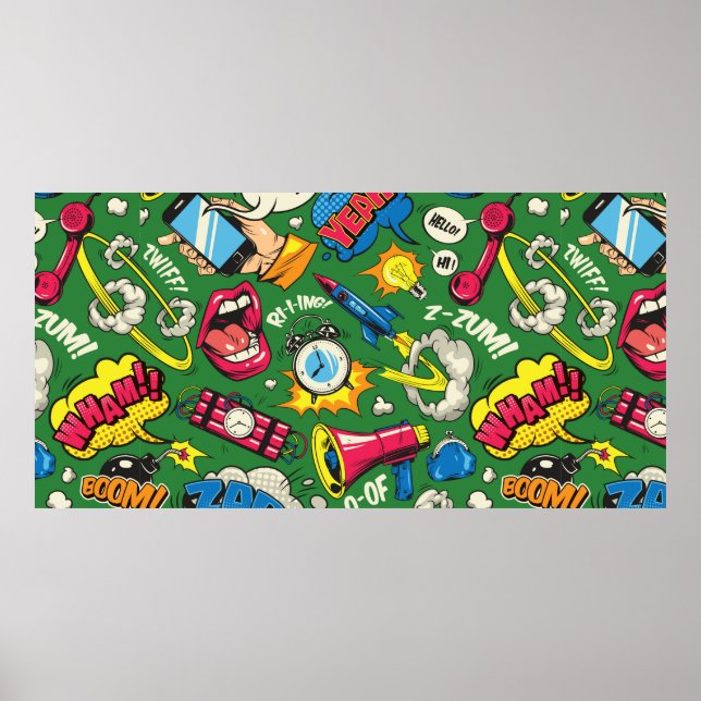 Pop art colourful seamless pattern with comic spee poster (Front)