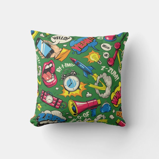 Pop art colourful seamless pattern with comic spee throw pillow (Front)