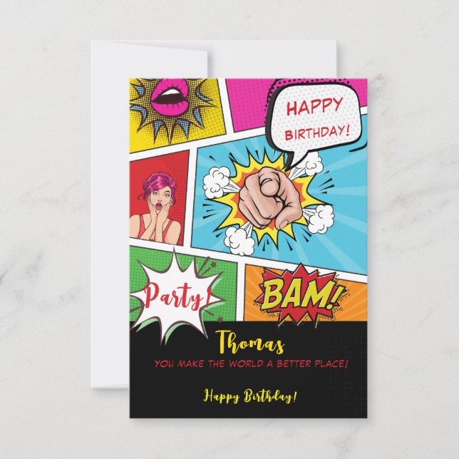 Pop art comic birthday card (Front)