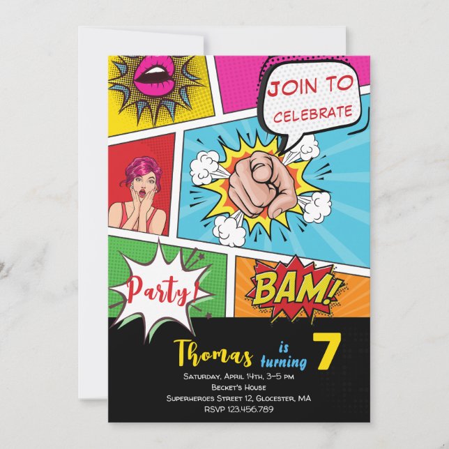 Pop art comic birthday invitation (Front)