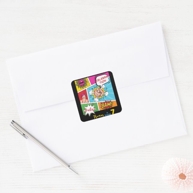 Pop art comic birthday square sticker (Envelope)