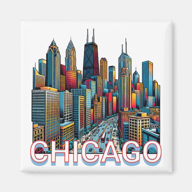Pop art Comic Book Art Chicago Illinois Skyline Magnet (Front)