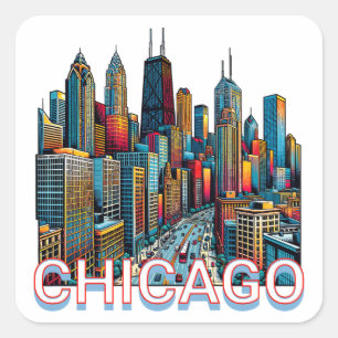 Pop art Comic Book Art Chicago Illinois Skyline Square Sticker