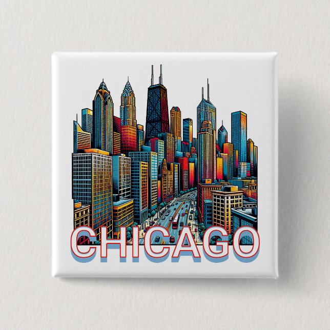 Pop art Comic Book Chicago, Illinois Skyline  2 Inch Square Button (Front)
