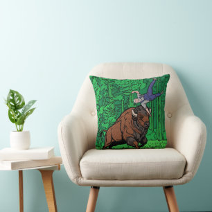 Pop Art Comic Style Bison Tossing Man Halftone Throw Pillow