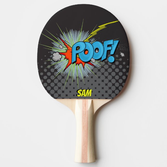 Pop Art Comic Style Poof! Personalized Superhero Ping Pong Paddle (Front)