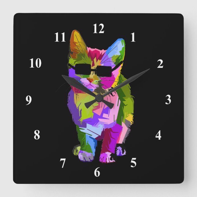 Pop Art cool cat with sunglasses Square Wall Clock (Front)