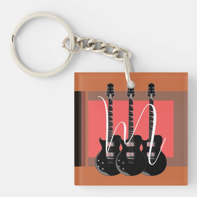 Pop Art Electric Guitar Monogram Initial Keychain (Front)
