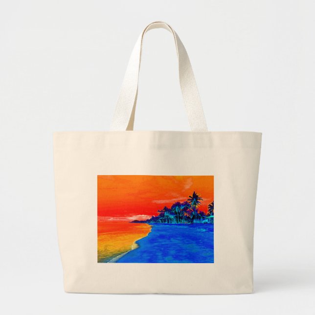 Pop Art Exotic Beach Palm Trees Large Tote Bag (Front)