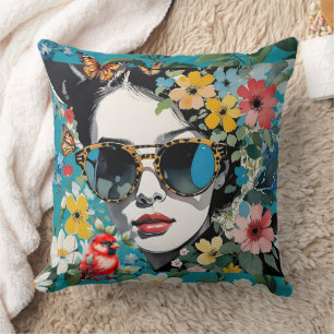 Pop Art Face with Flowers, Bird and Butterflies Throw Pillow
