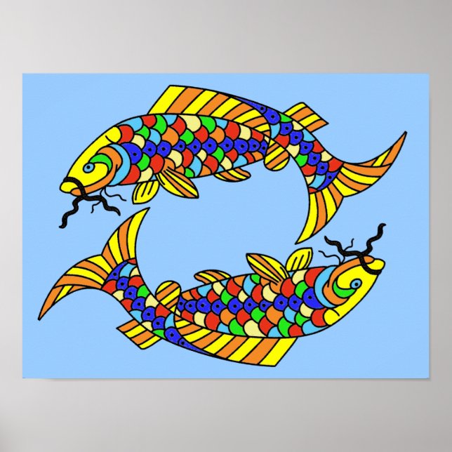 Pop Art Fancy Pisces Fish on Light Blue Poster (Front)