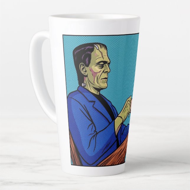 Pop Art Frankenstein Monster Drinking Tea Halftone Latte Mug (Left Angle)
