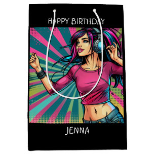 Pop Art Girl Dancing Birthday Personalized Medium Gift Bag