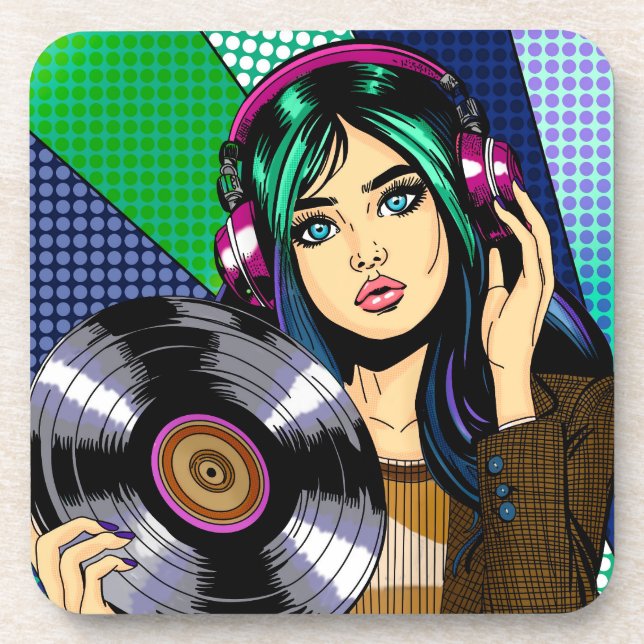 Pop Art Girl with Record Coaster (Front)