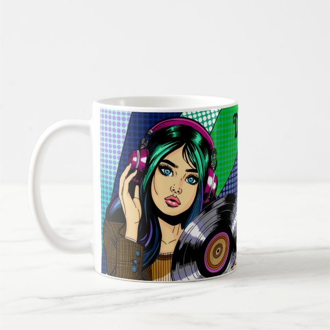 Pop Art Girl with Record Personalized Coffee Mug (Left)