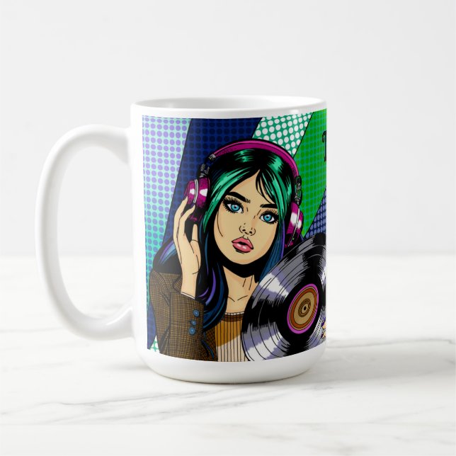 Pop Art Girl with Record Personalized Coffee Mug (Left)