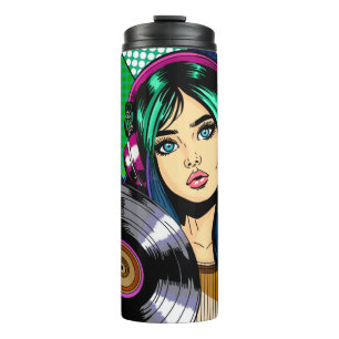 Pop Art Girl with Record Personalized Thermal Tumbler