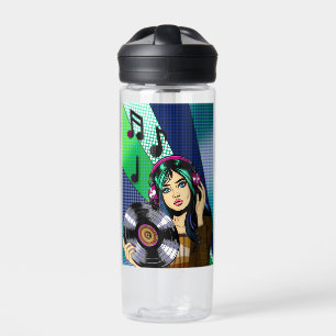Pop Art Girl with Record Personalized Water Bottle