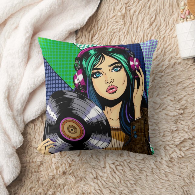 Pop Art Girl with Record Throw Pillow (Blanket)