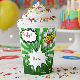 Pop art green comic birthday paper cups
