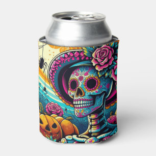 Pop Art Halloween Sugar Skull, Jack-O-Lanterns Can Cooler