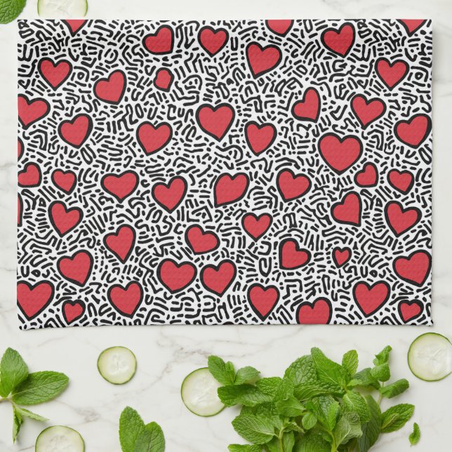 Pop Art Heart Pattern Kitchen Towel (Folded)