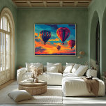 Pop Art Hot Air Balloon - Adventure in the Sky Poster<br><div class="desc">This colourful pop art hot air balloon scene features multiple balloons soaring against a stunning sunset sky, capturing the spirit of freedom and adventure. Perfect for those who love exploration and the beauty of the open sky, this artwork brings a sense of wonder to any space. Customize the main balloon...</div>
